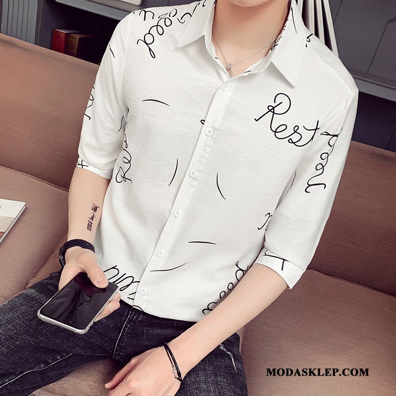Męskie Koszula Online Slim Fit Kwiaty Nowy 2019 Krótki Rękaw Czarny