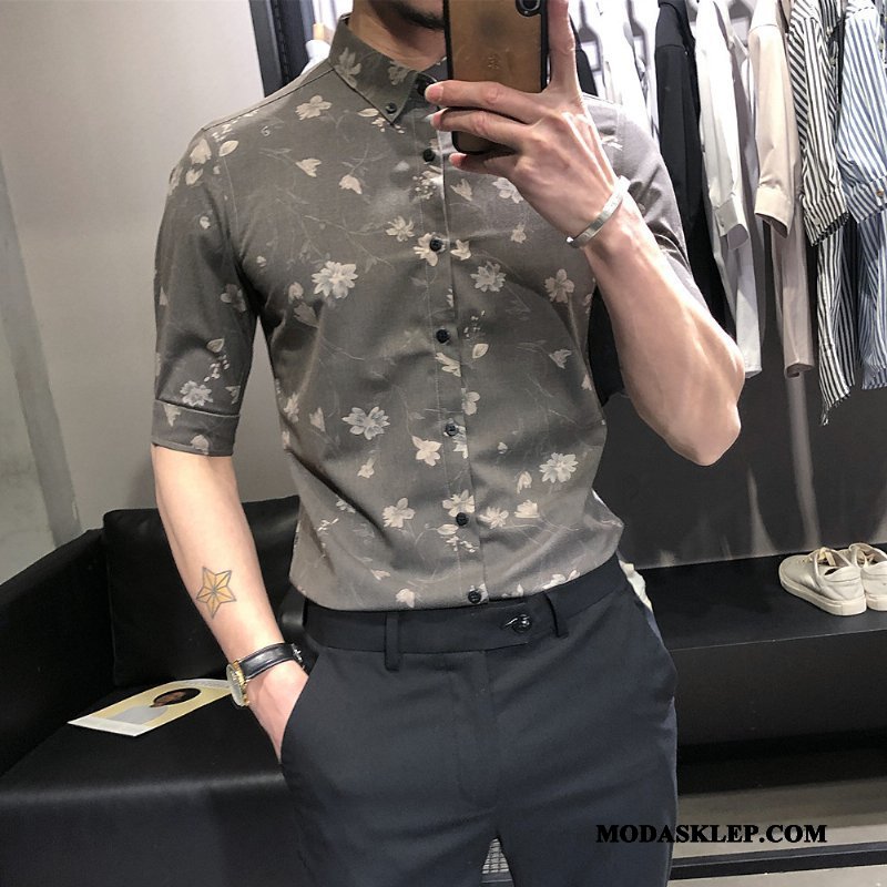 Męskie Koszula Online Tendencja Slim Fit Nowy Kwiatowa Męska Szary