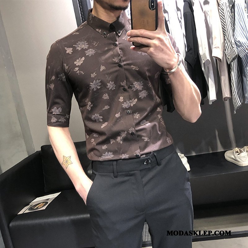 Męskie Koszula Online Tendencja Slim Fit Nowy Kwiatowa Męska Szary