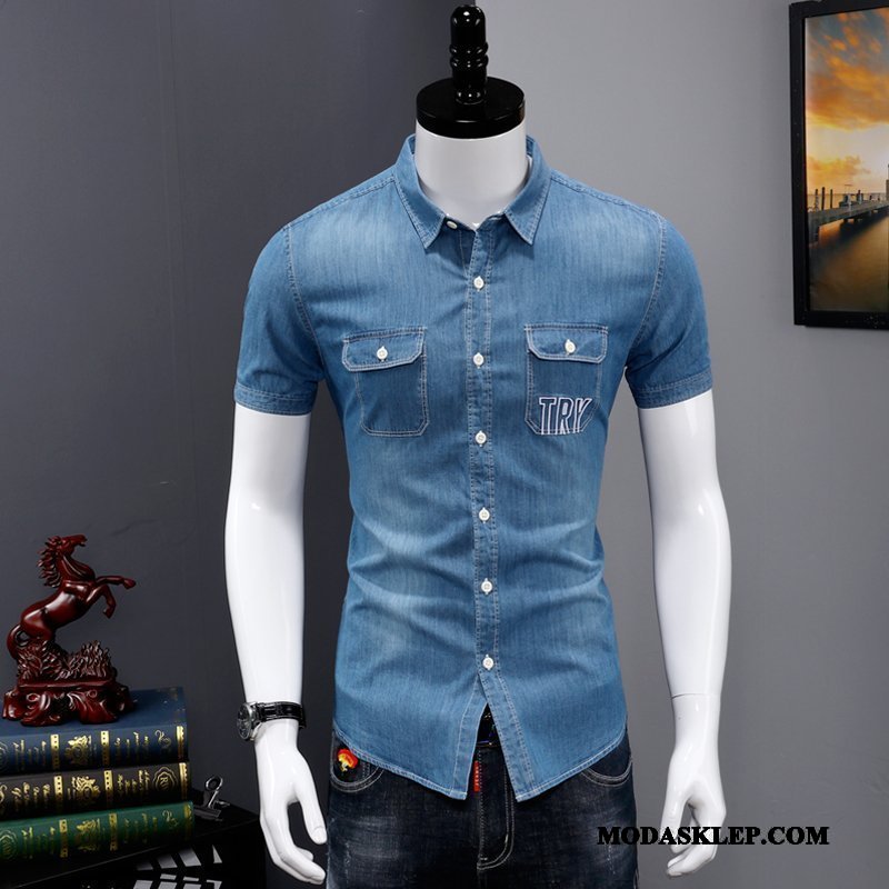 Męskie Koszula Sklep Topy Slim Fit Denim Tendencja Cienkie Niebieski