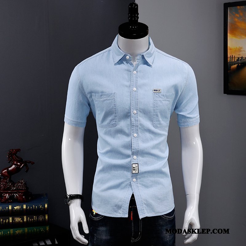 Męskie Koszula Sklep Topy Slim Fit Denim Tendencja Cienkie Niebieski