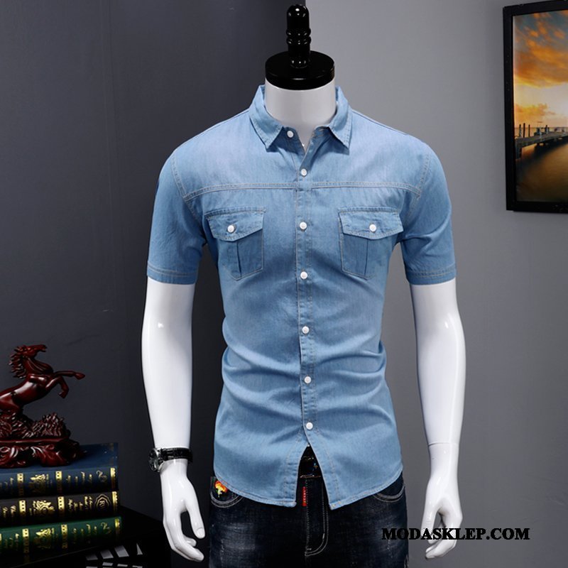 Męskie Koszula Sklep Topy Slim Fit Denim Tendencja Cienkie Niebieski