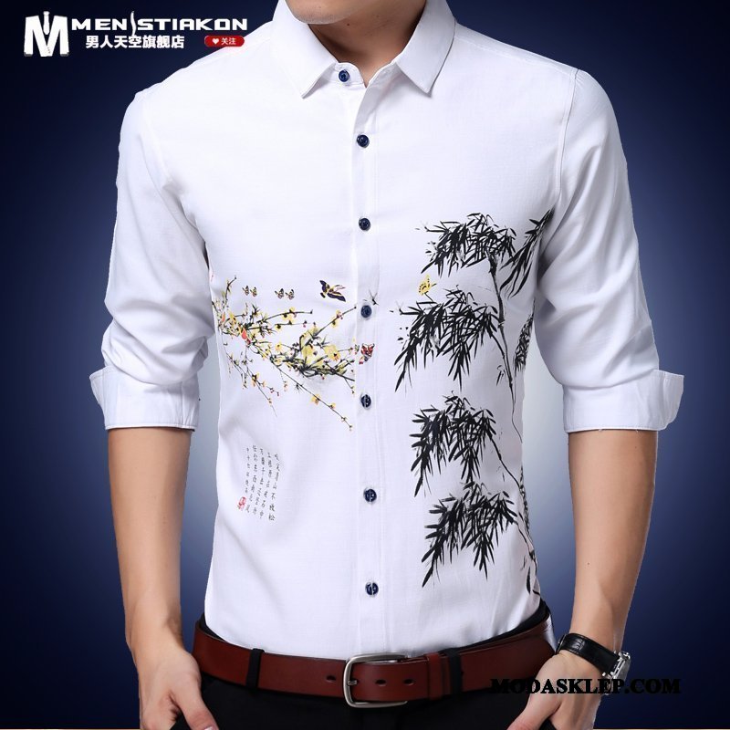 Męskie Koszula Sprzedam Slim Fit Chiński Styl Drukowana Casual 2019 Niebieski