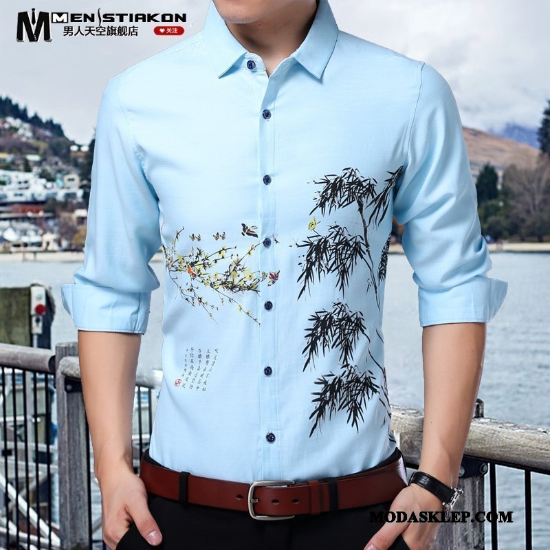 Męskie Koszula Sprzedam Slim Fit Chiński Styl Drukowana Casual 2019 Niebieski