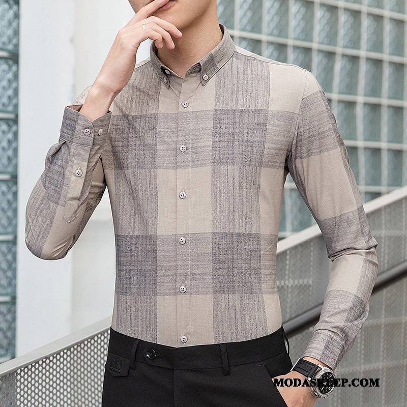Męskie Koszula Tanie Krata Męska Casual Slim Fit Moda Biały