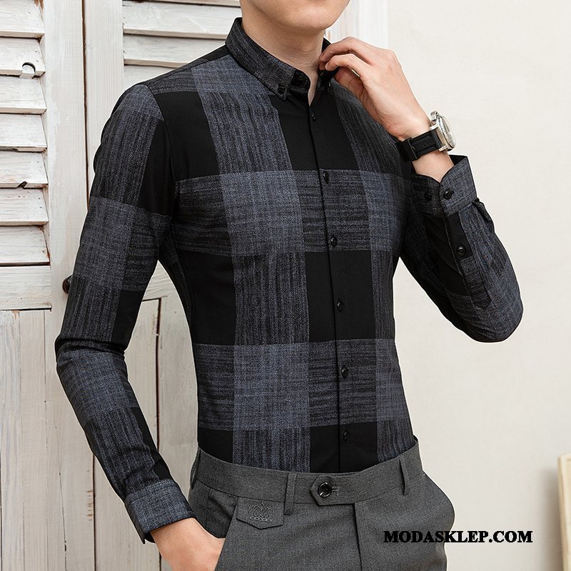 Męskie Koszula Tanie Krata Męska Casual Slim Fit Moda Biały