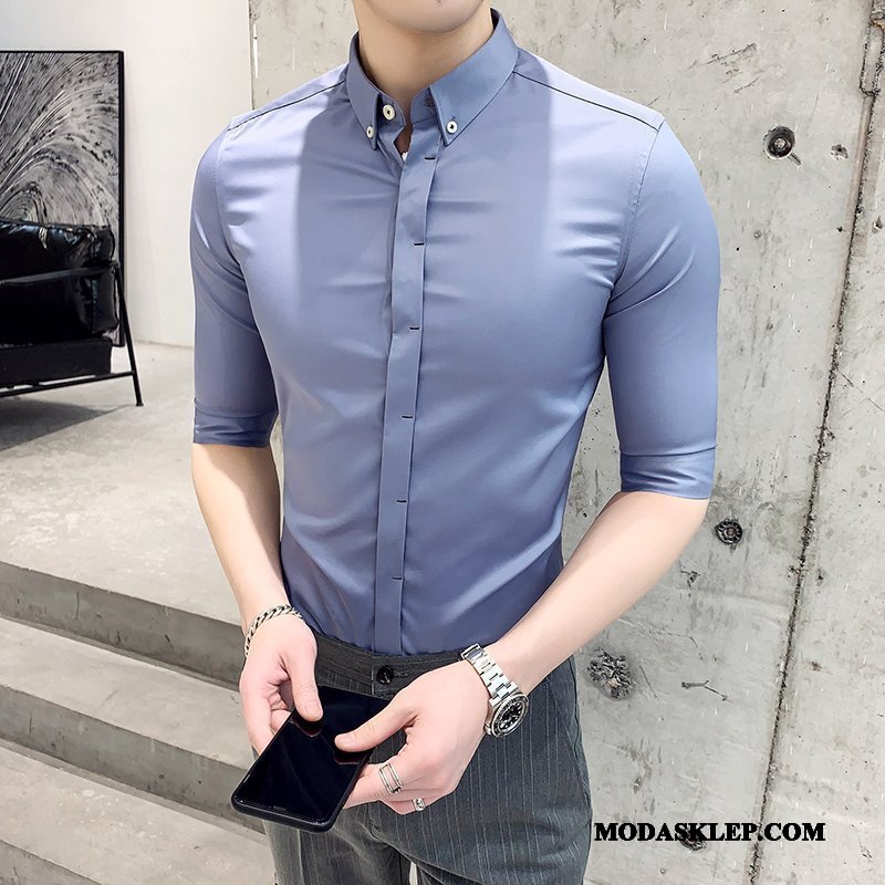 Męskie Koszula Tanie Rękawy Tendencja Męska Casual Slim Fit Biały Proszek