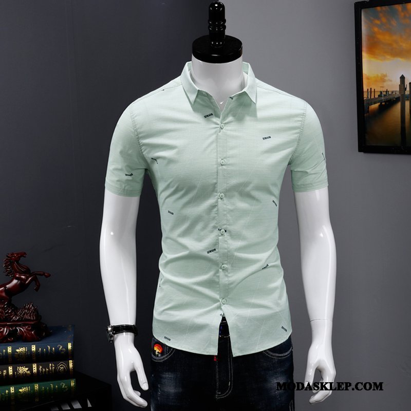Męskie Koszula Tanie Slim Fit Krótki Rękaw Moda Męska Cienkie Niebieski