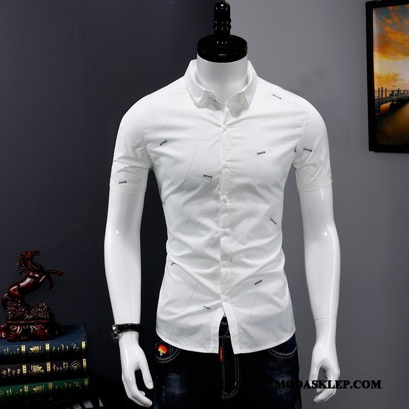 Męskie Koszula Tanie Slim Fit Krótki Rękaw Moda Męska Cienkie Niebieski