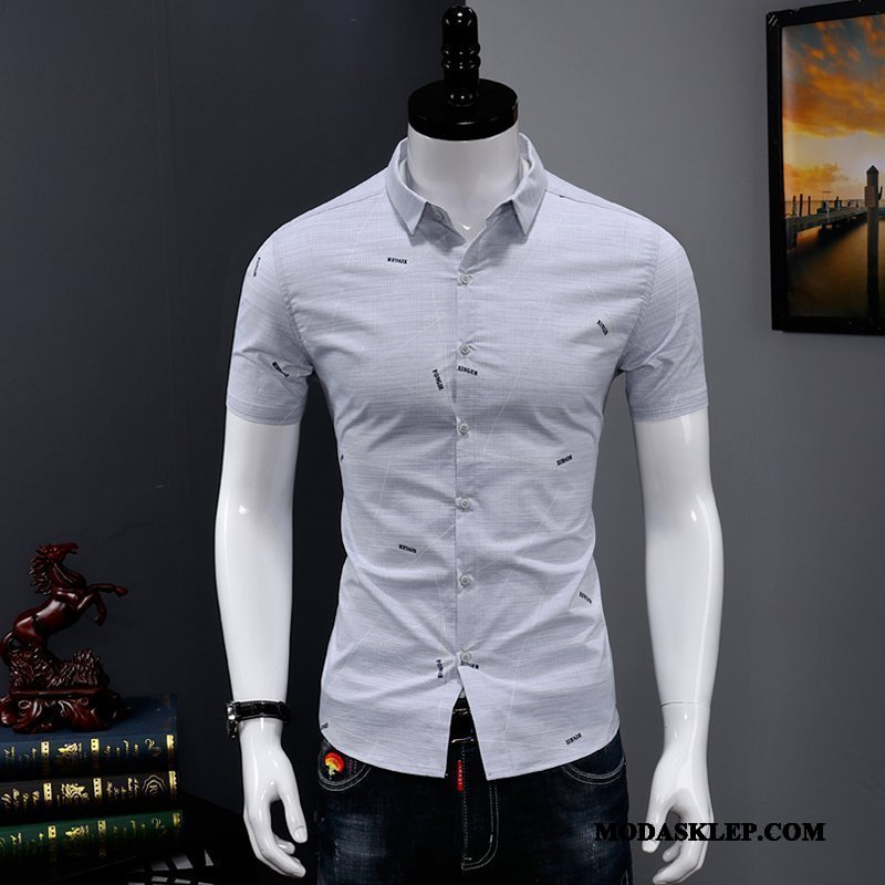 Męskie Koszula Tanie Slim Fit Krótki Rękaw Moda Męska Cienkie Niebieski