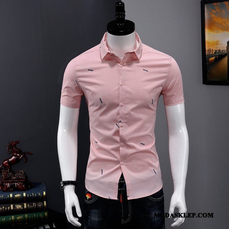 Męskie Koszula Tanie Slim Fit Krótki Rękaw Moda Męska Cienkie Niebieski