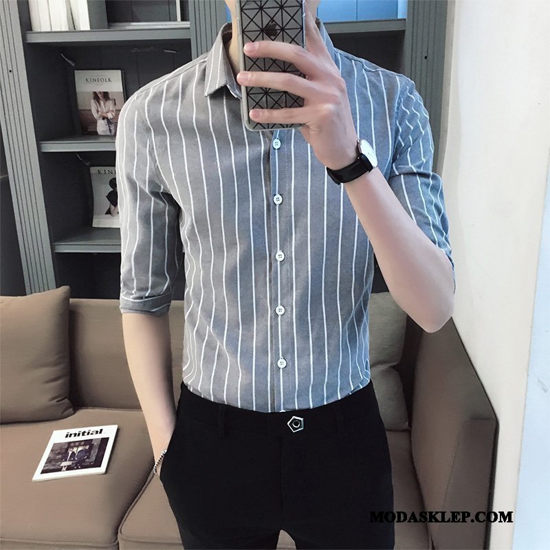 Męskie Koszula Tanie Tendencja Pół Rękaw W Paski Slim Fit Piękny Szary