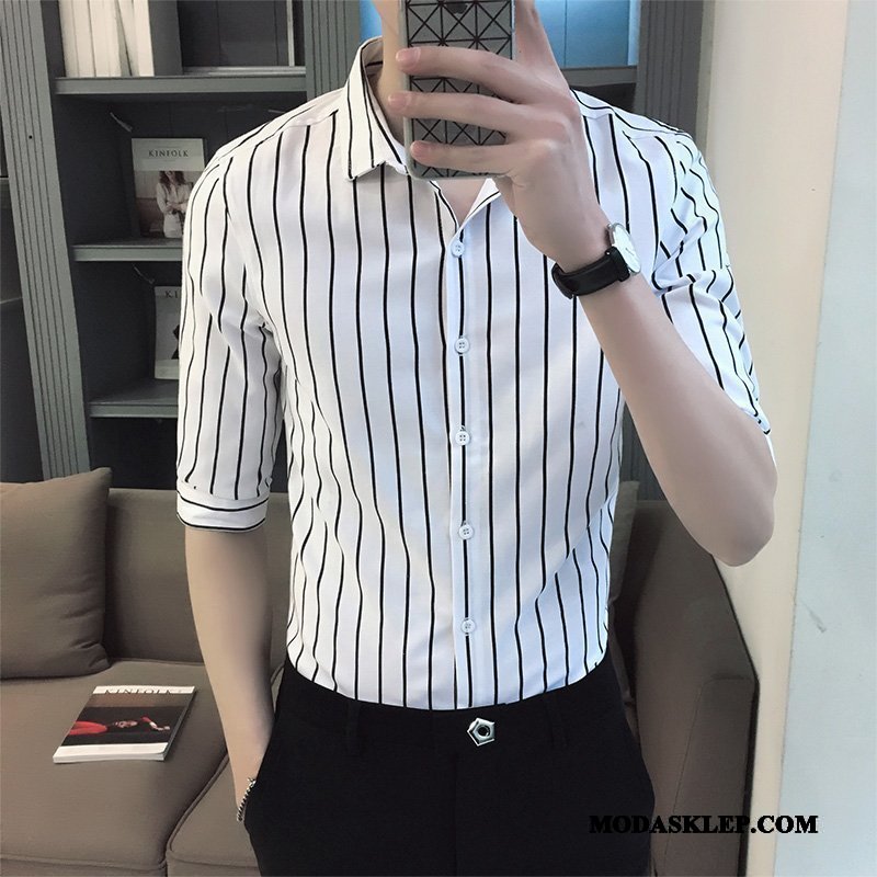 Męskie Koszula Tanie Tendencja Pół Rękaw W Paski Slim Fit Piękny Szary