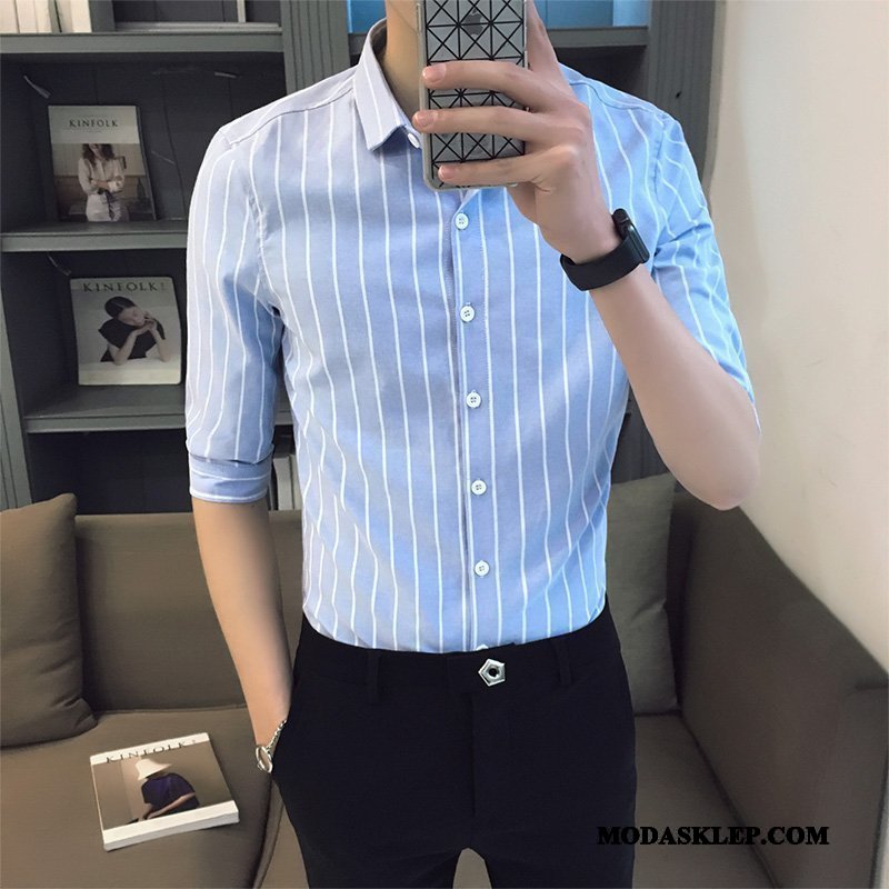 Męskie Koszula Tanie Tendencja Pół Rękaw W Paski Slim Fit Piękny Szary