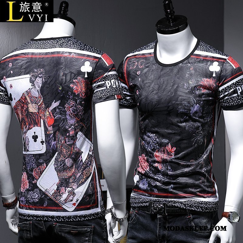 Męskie Koszulki Online T-shirt Legginsy Krótki Rękaw Mały Vintage Niebieski