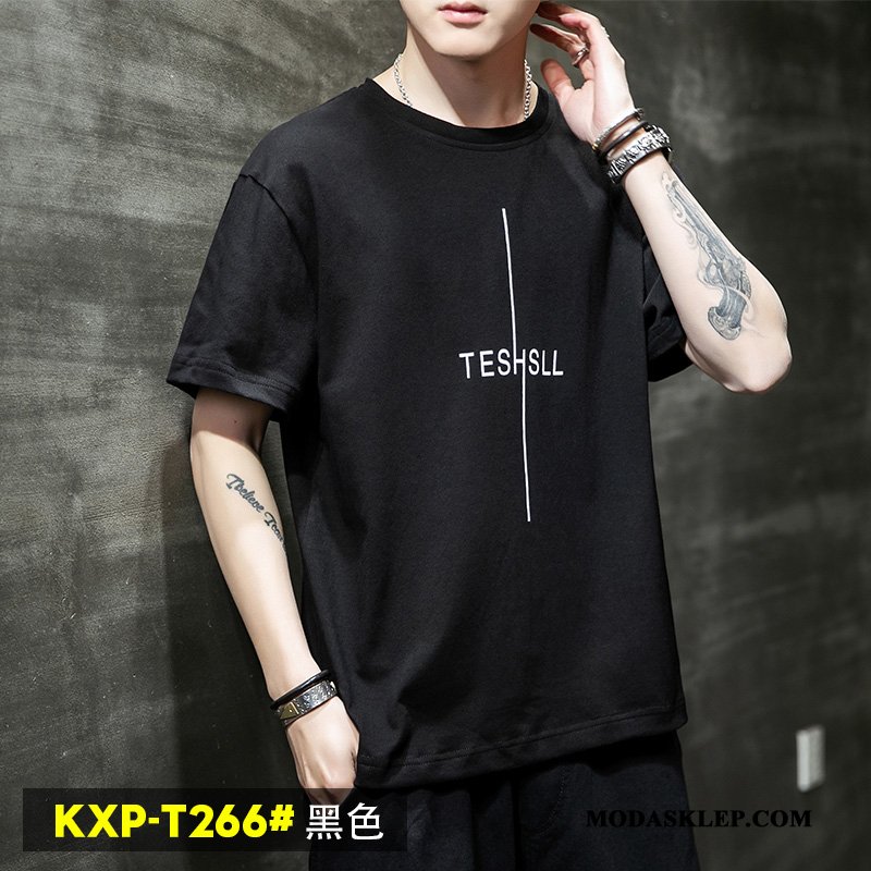 Męskie Koszulki Tanie Szerokie Krótki Rękaw Okrągły Dekolt Bawełna T-shirt Czysta Czarny