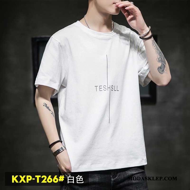 Męskie Koszulki Tanie Szerokie Krótki Rękaw Okrągły Dekolt Bawełna T-shirt Czysta Czarny