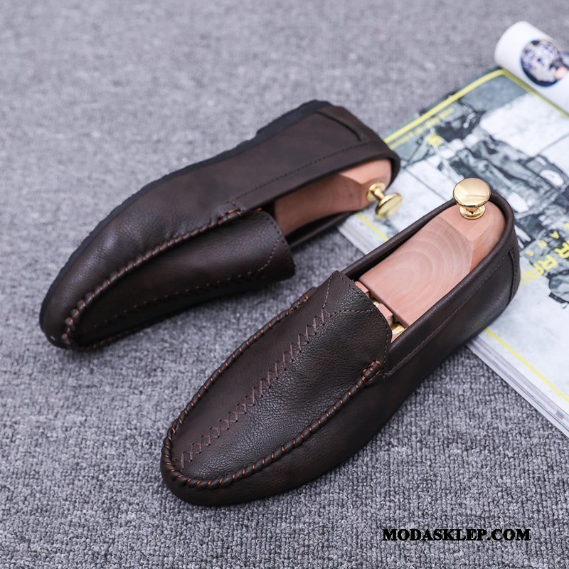 Męskie Mokasyny Tanie Męska Skórzane Buty Casual Buty Żeglarskie Slip On Czarny