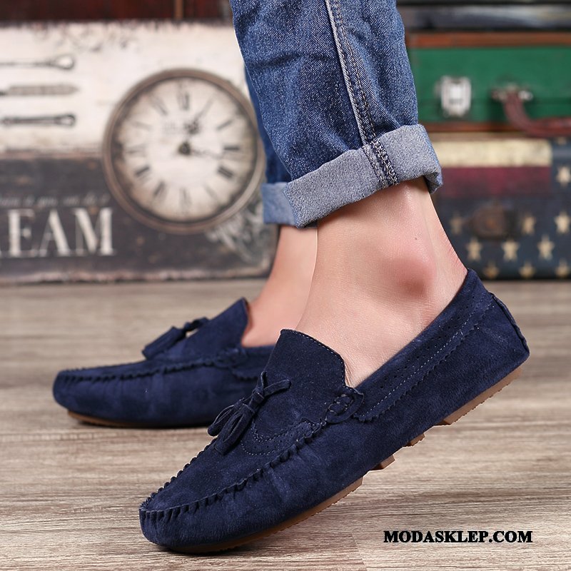 Męskie Mokasyny Tanie Tendencja Oddychające Prawdziwa Skóra Casual Buty Ciemno Niebieski