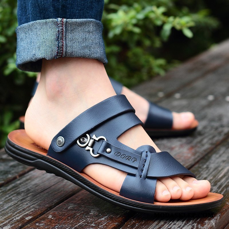 Męskie Sandały Online 2019 Skóra Casual Kapcie Buty Czarny