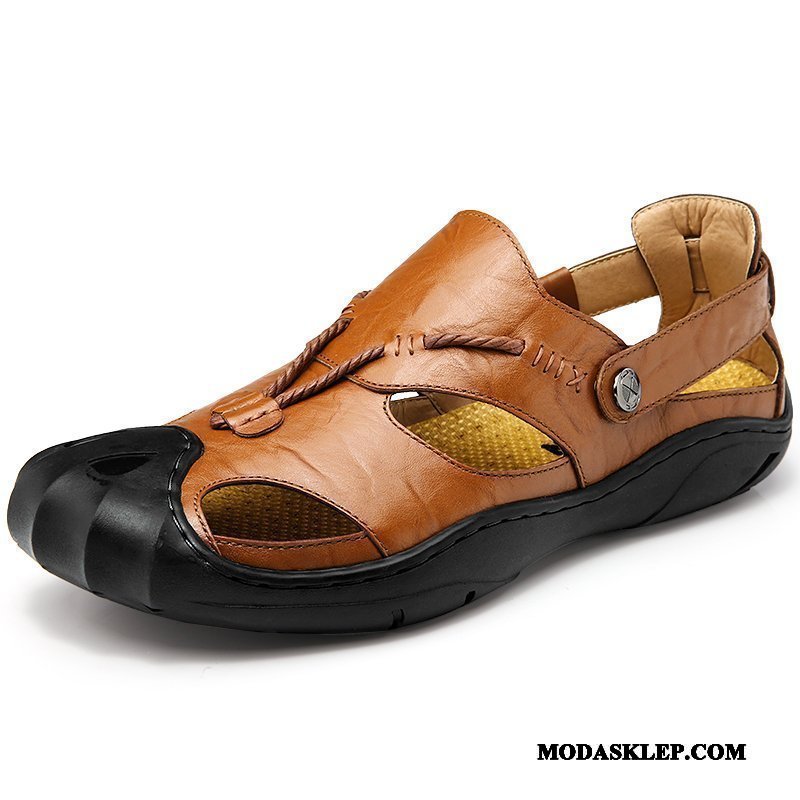 Męskie Sandały Online Prawdziwa Skóra Koronka Buty Outdoor Skóra Bydlęca Brązowy