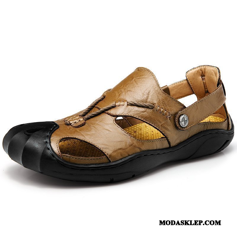 Męskie Sandały Online Prawdziwa Skóra Koronka Buty Outdoor Skóra Bydlęca Brązowy