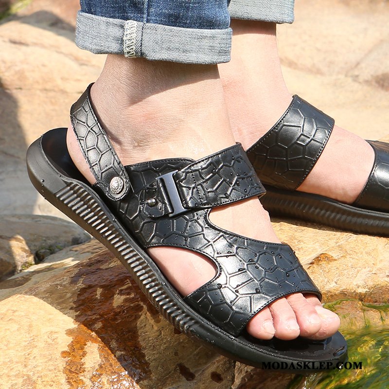 Męskie Sandały Tanie Prawdziwa Skóra Kapcie Buty Casual Męska Brązowy