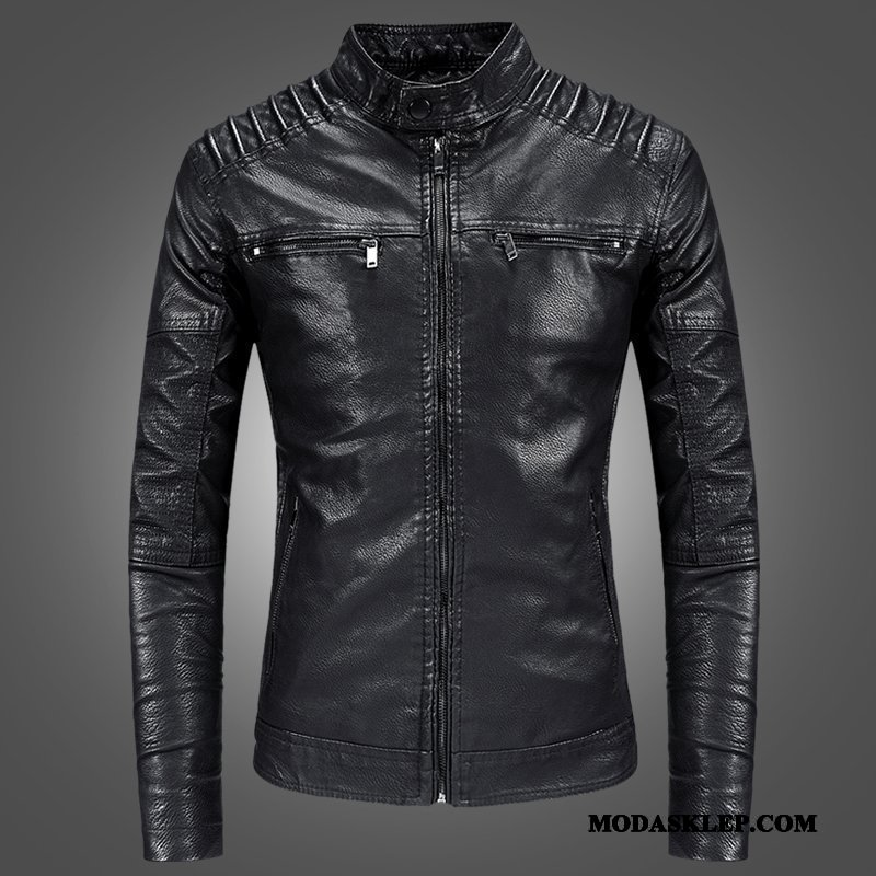 Męskie Skórzana Kurtka Online 2019 Slim Fit Nowy Casual Męska Ciemno Niebieski