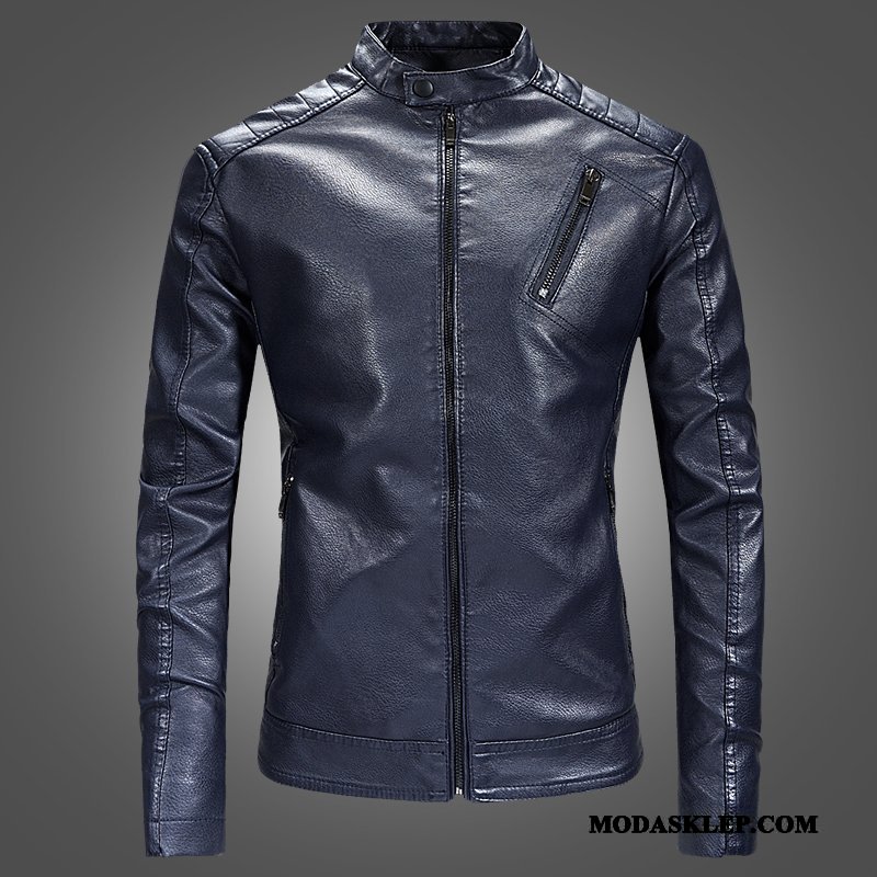 Męskie Skórzana Kurtka Online 2019 Slim Fit Nowy Casual Męska Ciemno Niebieski