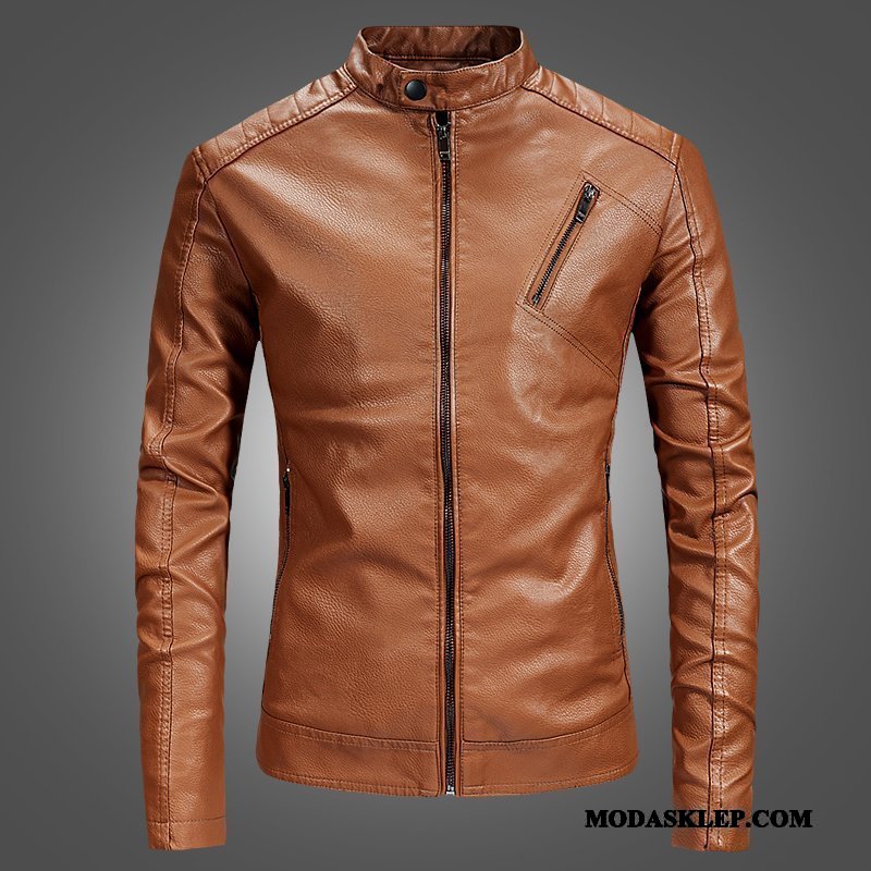 Męskie Skórzana Kurtka Online 2019 Slim Fit Nowy Casual Męska Ciemno Niebieski