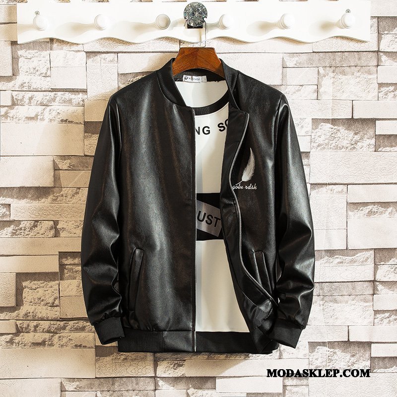 Męskie Skórzana Kurtka Online Slim Fit Wiosna Motocyklem Płaszcz Piękny Czarny