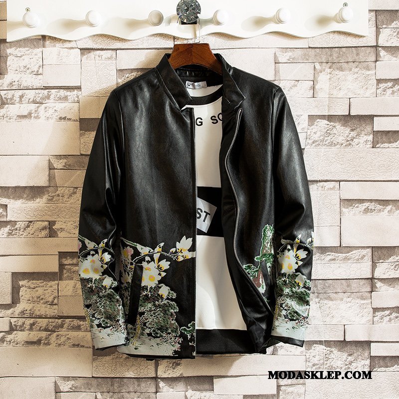 Męskie Skórzana Kurtka Online Slim Fit Wiosna Motocyklem Płaszcz Piękny Czarny