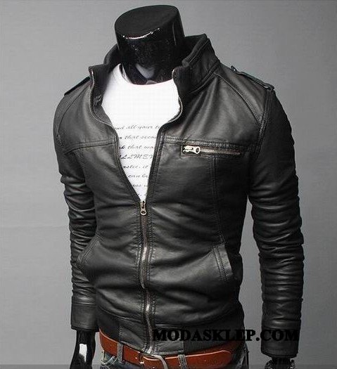 Męskie Skórzana Kurtka Sklep Jesień Płaszcz Slim Fit 2019 Krótki Czarny