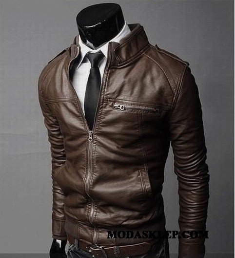 Męskie Skórzana Kurtka Sklep Jesień Płaszcz Slim Fit 2019 Krótki Czarny