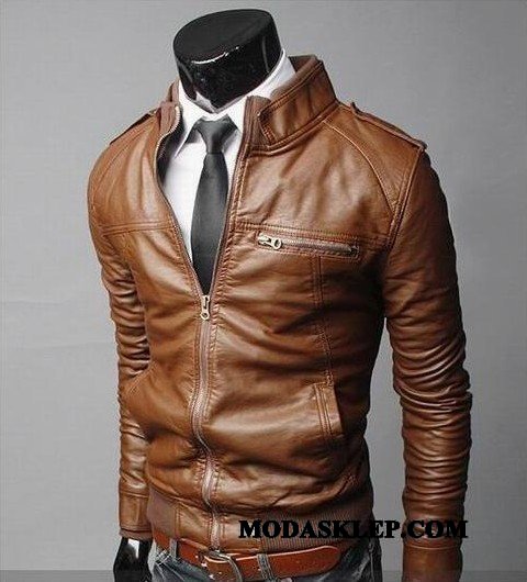 Męskie Skórzana Kurtka Sklep Jesień Płaszcz Slim Fit 2019 Krótki Czarny