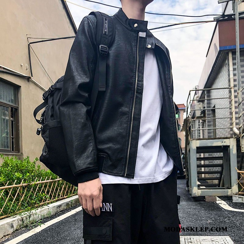 Męskie Skórzana Kurtka Tanie Męska Płaszcz Jesień 2019 Slim Fit Szary Czerwony