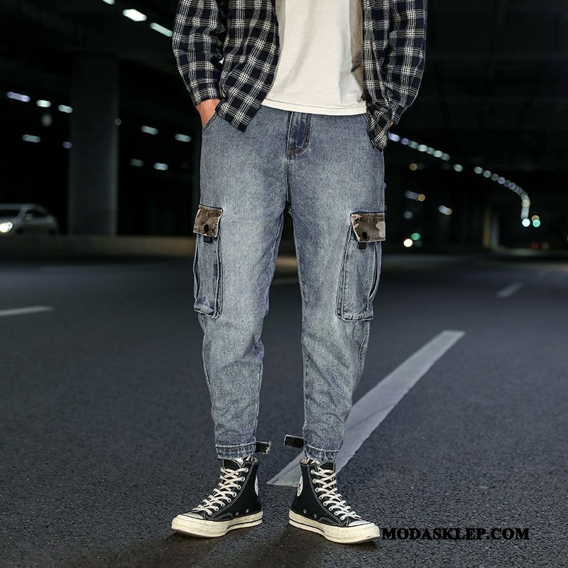 Męskie Spodnie Cargo Kup Szerokie Dżinsy Tendencja Męska Slim Fit Kamuflaż Niebieski