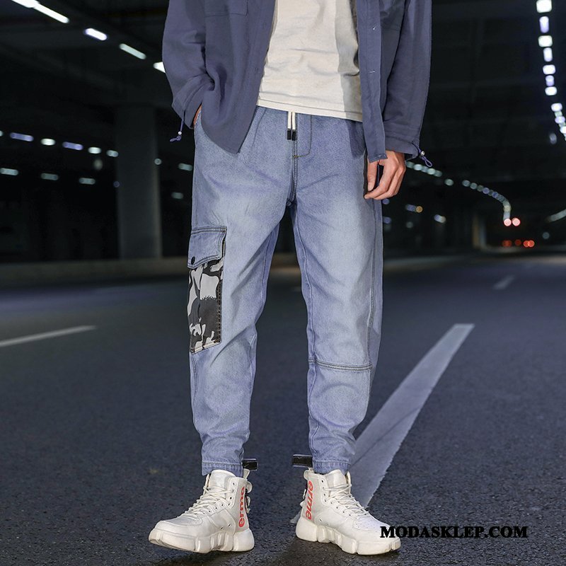Męskie Spodnie Cargo Kup Szerokie Dżinsy Tendencja Męska Slim Fit Kamuflaż Niebieski