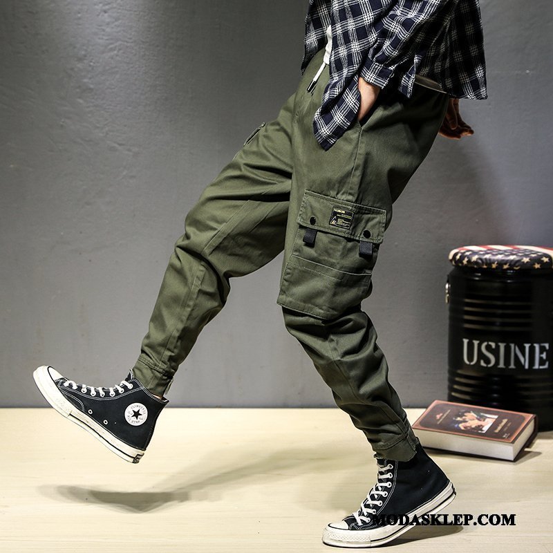 Męskie Spodnie Cargo Online Slim Fit Mały Casualowe Spodnie Więcej Kieszeni Szerokie Czarny
