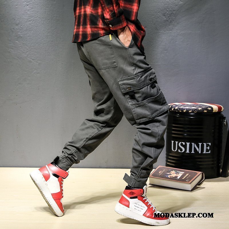 Męskie Spodnie Cargo Online Slim Fit Mały Casualowe Spodnie Więcej Kieszeni Szerokie Czarny