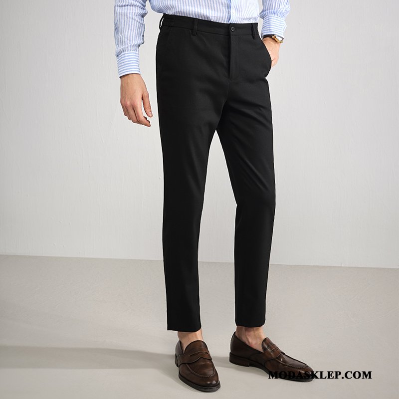 Męskie Spodnie Online Slim Fit Elastyczne Biurowe Casualowe Spodnie Mały Jasny Czarny