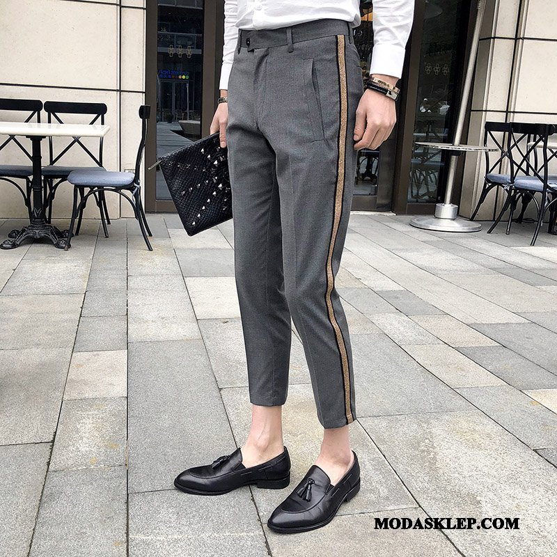 Męskie Spodnie Tanie W Paski Garnitur Brytyjskie Tendencja Slim Fit Szary