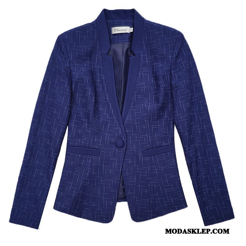 Damskie Blazer Sklep Blezer Eleganckie Slim Fit Bez Szyj Płaszcz Ciemno Niebieski
