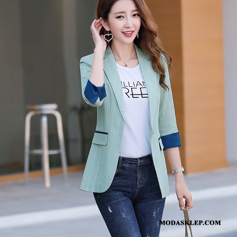Damskie Blezer Dyskont W Paski Casual Slim Fit Wiosna Garnitur Zielony