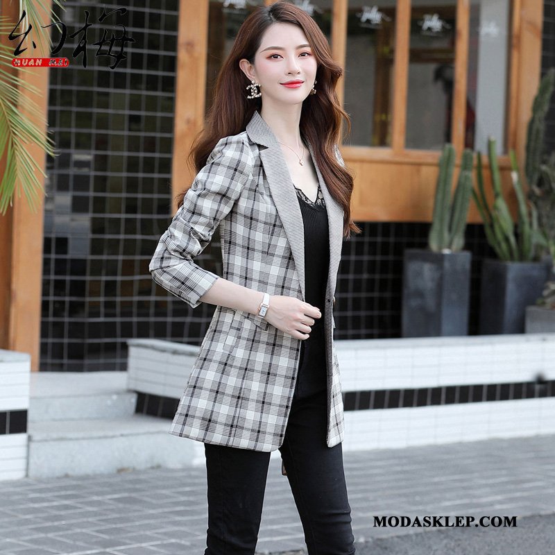 Damskie Blezer Oferta Nowy Długie Krata Eleganckie Moda Czarny