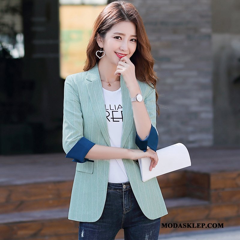 Damskie Blezer Tanie Damska Moda W Paski Eleganckie Casual Zielony