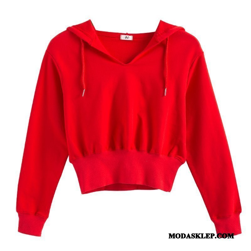 Damskie Bluza Z Kapturem Dyskont Topy Wysoki Stan Casual Nowy Krótki Czerwony
