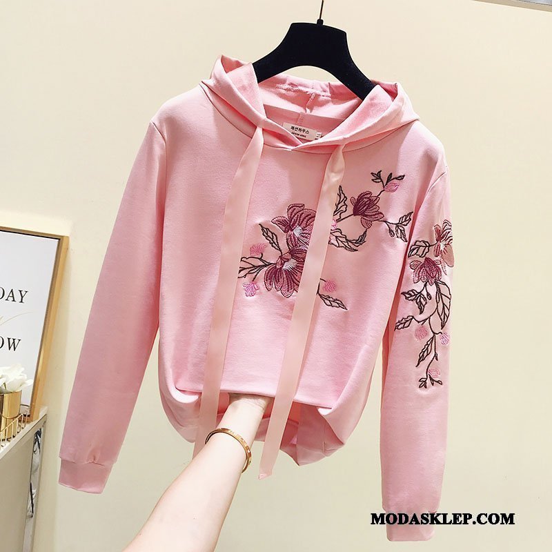 Damskie Bluza Z Kapturem Oferta Student Wiosna Bluzy Z Kapturem Z Haftem Casual Różowy