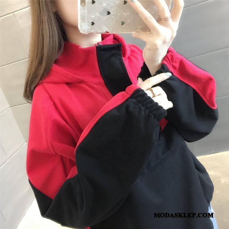 Damskie Bluza Z Kapturem Sprzedam Damska 2019 Wysoki Kołnierz Wiosna Bluzy Z Kapturem Mieszane Kolory Czarny Czerwony