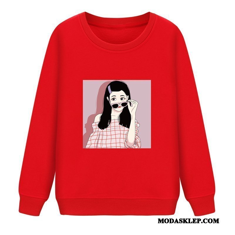 Damskie Bluza Z Kapturem Tanie Pullover Tendencja Duży Rozmiar Okrągły Dekolt Casual Czerwony